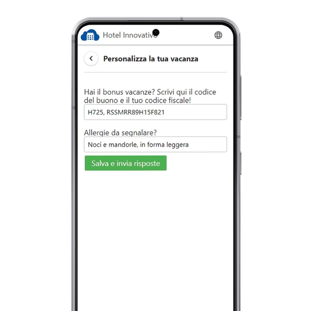 Crea un questionario personalizzato per i tuoi ospiti. Chiedi in anticipo eventuali allergie, codice Bonus Vacanze o qualsiasi informazione per prepararti meglio all'arrivo.