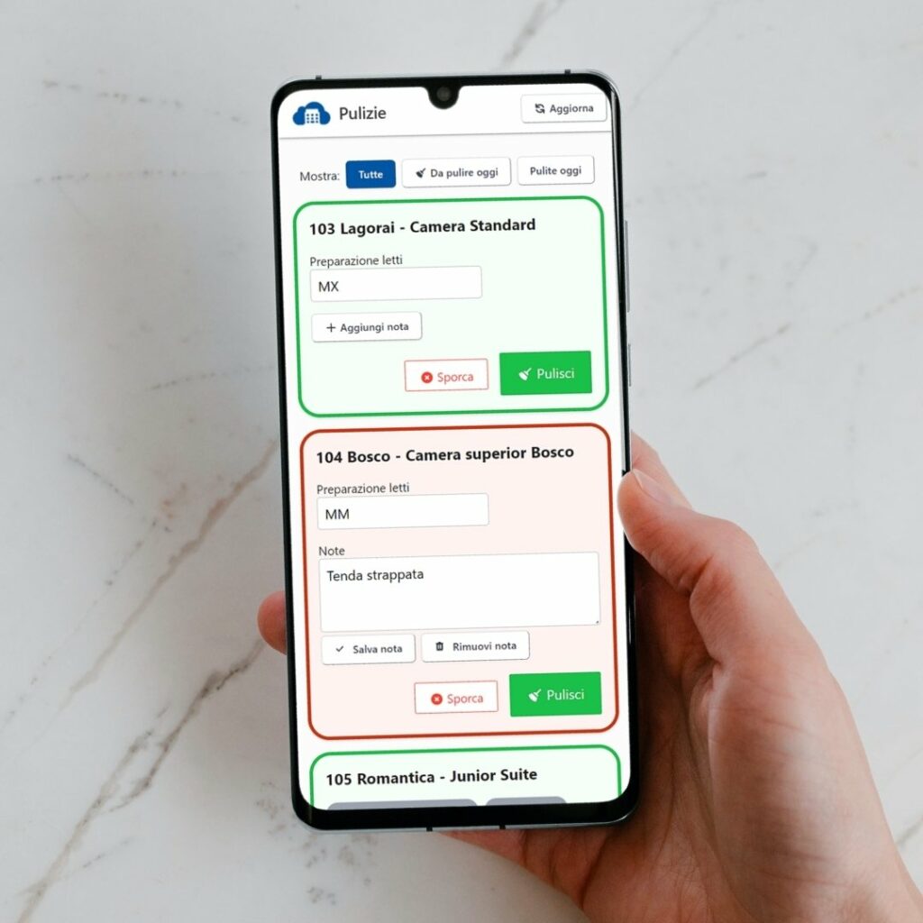L'App Pulizie per lavorare in sincronia con gli addetti alle pulizie ai piani.
Fatti segnalare tempestivamente lo stato di pulizia e gli eventuali guasti, non appena vengono individuati.