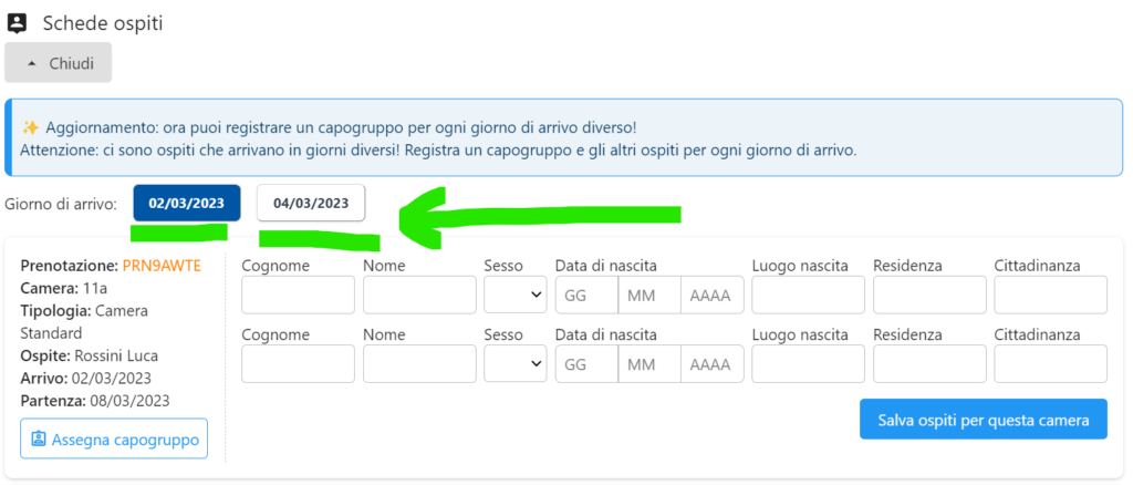 Gestione gruppi nel gestionale hotel: registrazione schedine ospiti per date di arrivo differenti